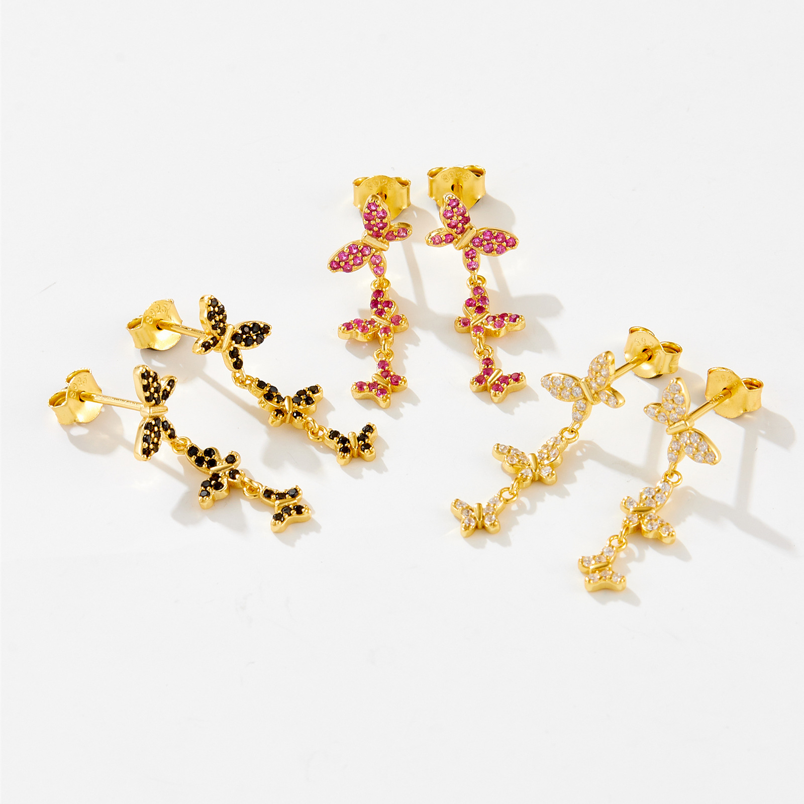 Electroplating Gold Plating Process 1 Pair 18K Gold Plated 925 Sterling Silver Zircon Butterfly Drop Earrings