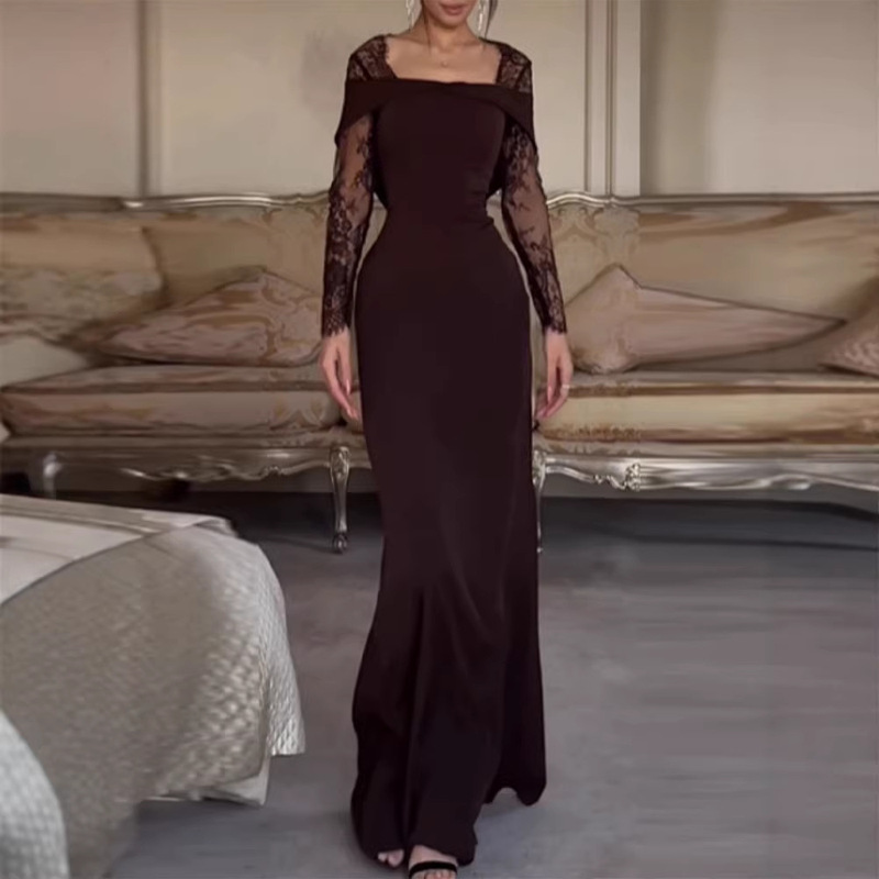 European and American Cross-Border Summer New Style Lace Splicing Square Neck Ultra-Long Dress Slim Fit Elegant Evening Dress for Women European and American Cross-Border Summer New Style Lace Splicing Square Neck Ultra-Long Dress Slim Fit Elegant Evening Dress for Women