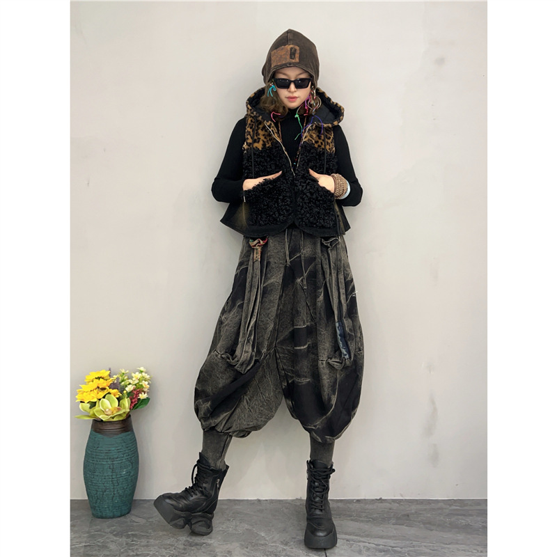 Personalidad de la moda leopardo retrógrado de algodón caliente con capuchón chaleco de algodón corto lámpara de calzado de invierno y otoño dos piezas para mujeres