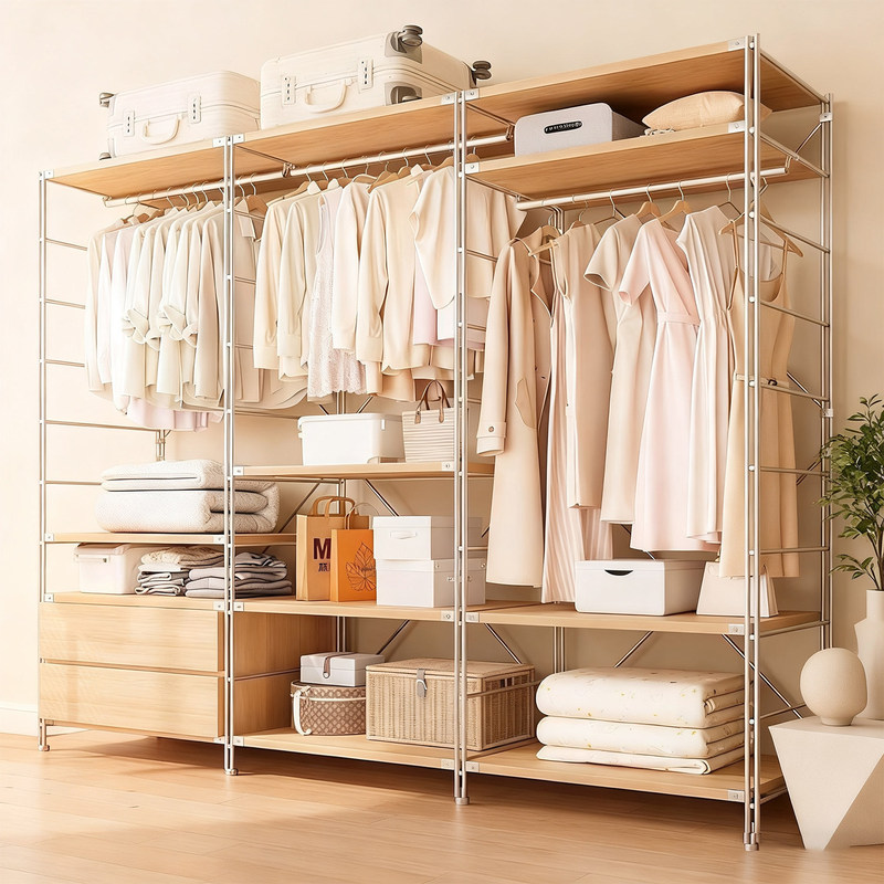 Floor-standing wardrobe set for the bedroom, including a clothes rack and storage shelves, suitable for walk-in closets and open-style wardrobes