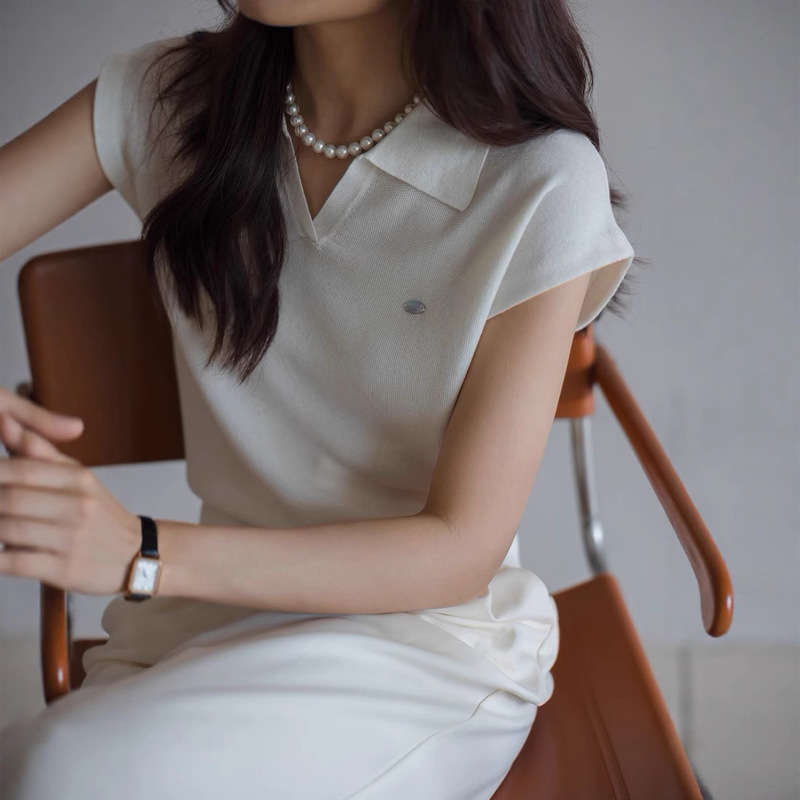 White Linen Tencel Collar Knitted Short-sleeved Commuter Women's New Summer Elegant Short Polo Shirt Top