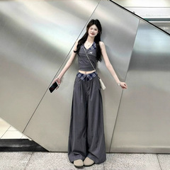 灰色格子拼接西装休闲裤子女2025秋季新款高腰宽松垂感直筒阔腿裤