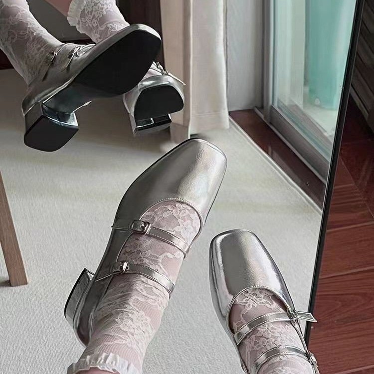 Silver Mary Jane Shoes for Women 2025 New Spring & Fall Small Leather Shoes Medium Heel Thick Heel High Heel French Style with Skirt Ballet