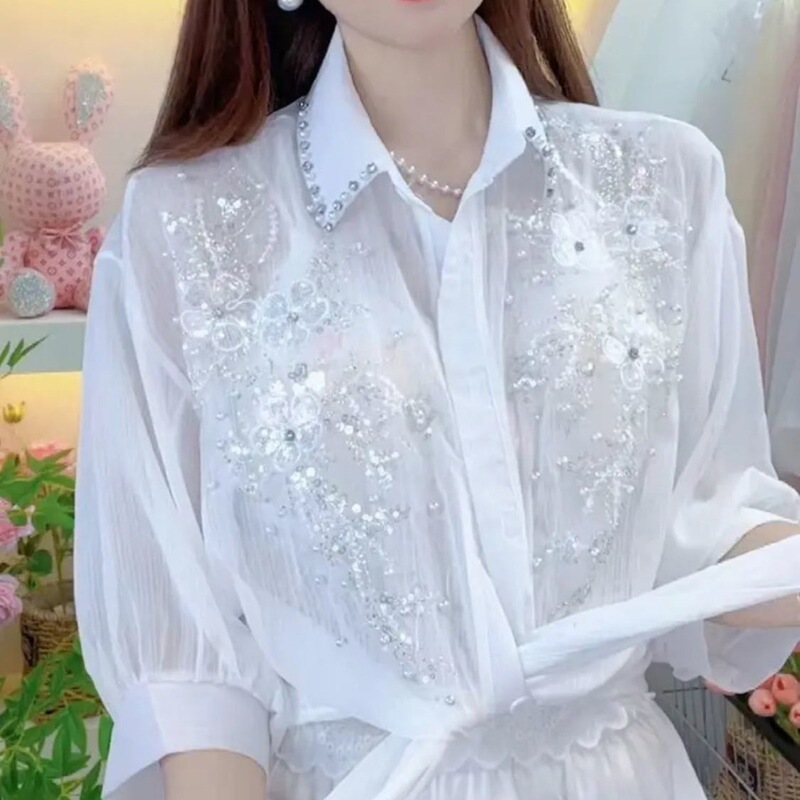 Lace-up sun protection shirt for women, new summer style, heavy-duty beaded sequins, three-dimensional flowers, sweet, slimming, versatile trendy shirt