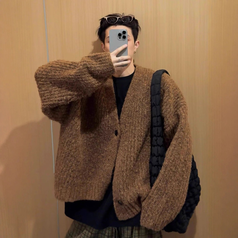 Casual Style Short Wide Heavy Cardigan Sweater Trendy Men's Spring and Autumn Thick Knit Sweater Jacket