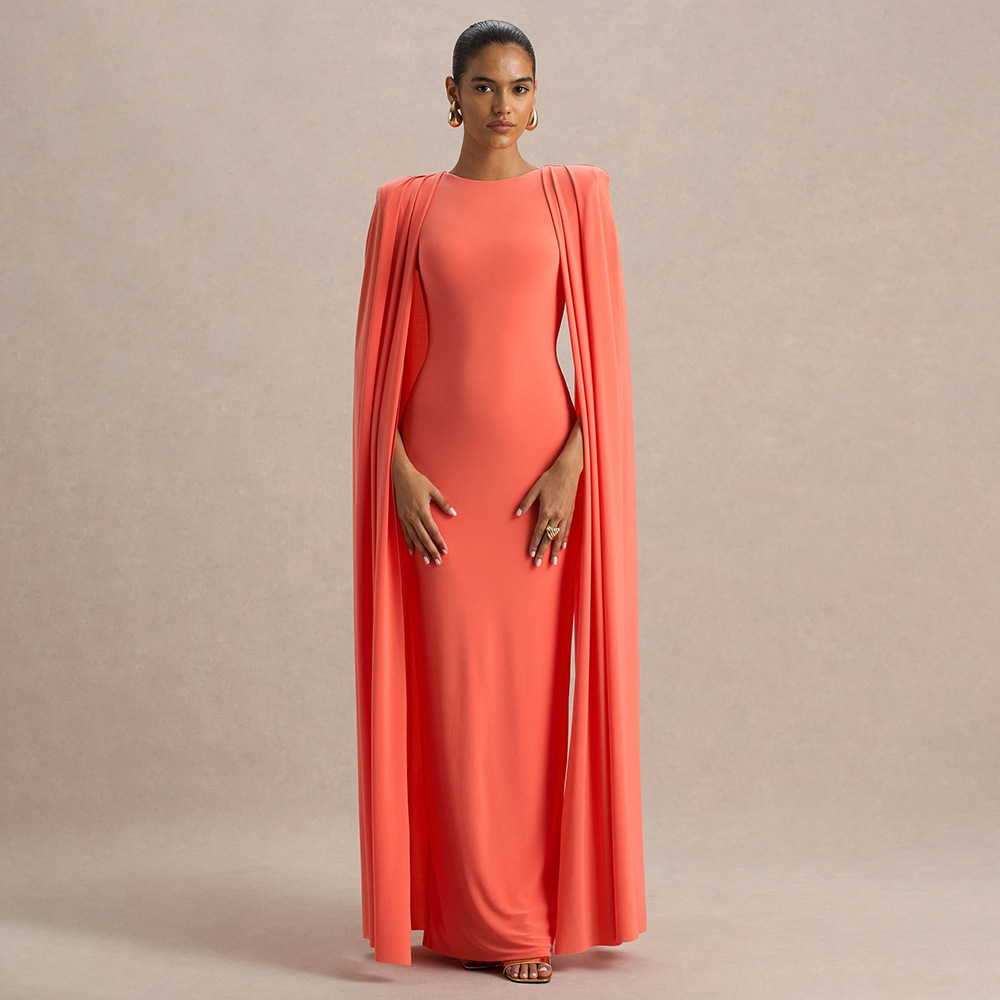 Elegant Women's Party Dress With Pleated Cape - Round Neck Solid Color Maxi Dress For Banquet & Evening Occasions_ecoleips.com