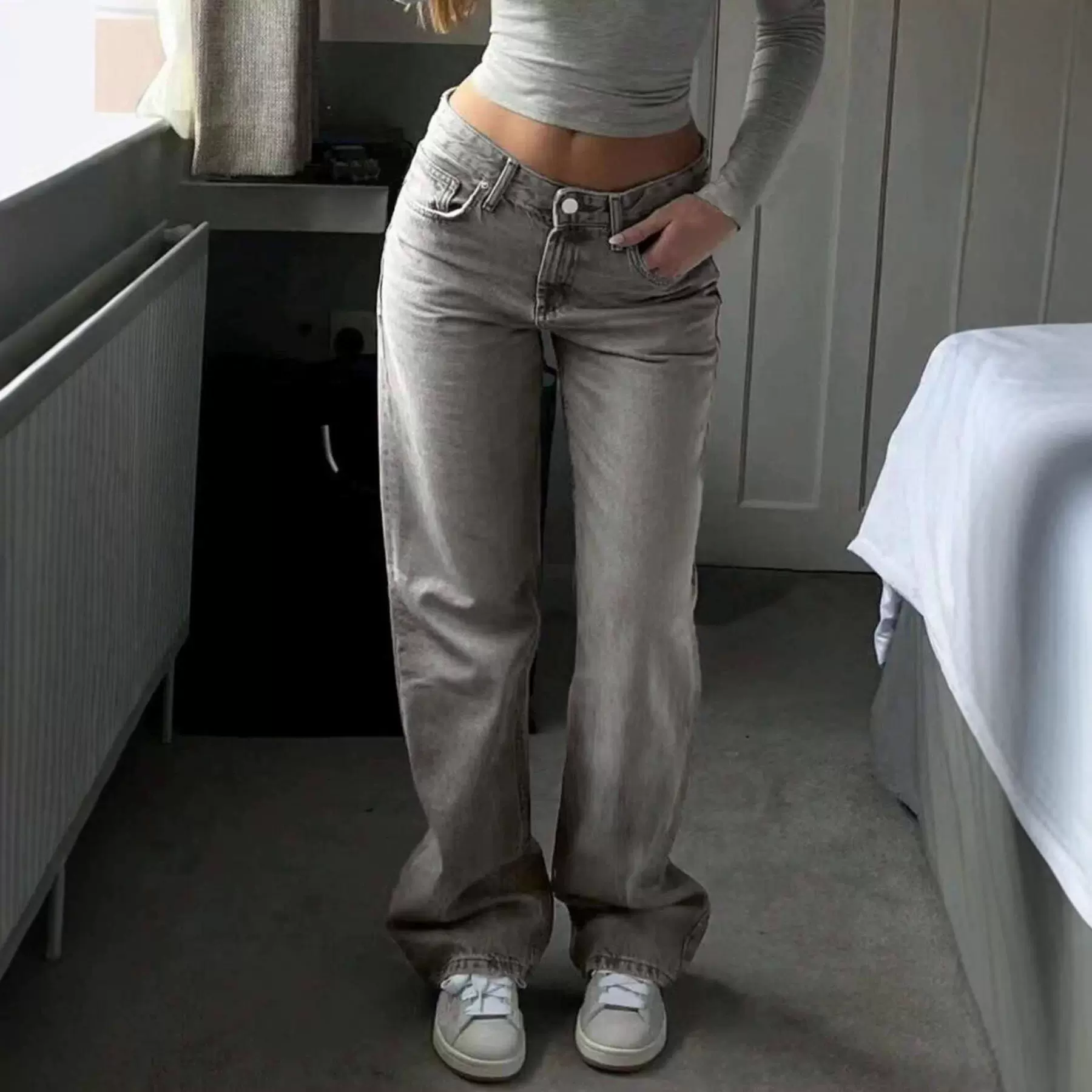 复古高街浅灰牛仔裤女欧美跨境春夏设计感高腰宽松显瘦阔腿直筒裤