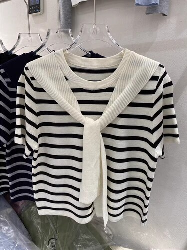 2976# Summer Loose Striped Chiffon Women's Short Sleeve Little Black Dress Inspired Design Felt Knit Top