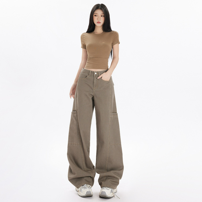 包邮一件代发 咖绿美式复古宽松工装牛仔裤女春显瘦高腰阔腿长裤|undefined