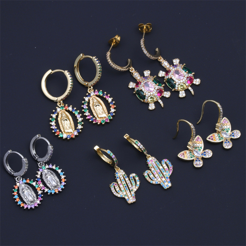 Transfronterizo ins color simple con incrustaciones de circón mariposa tortuga hembra oreja gancho espárragos Maria cactus ZIRCON pendientes