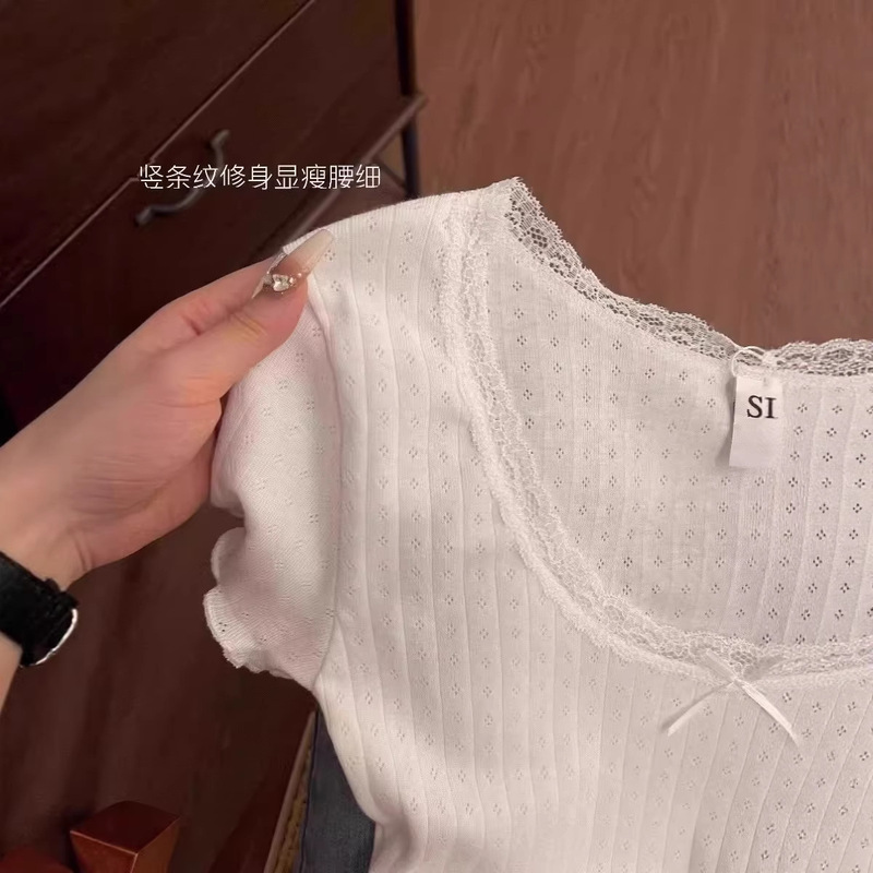 Plus-Size White Pure Desire Sweet Lace-Trimmed Short-Sleeve T-Shirt for Women, Summer Slim-Fit Crop Top Plus-Size White Pure Desire Sweet Lace-Trimmed Short-Sleeve T-Shirt for Women, Summer Slim-Fit Crop Top