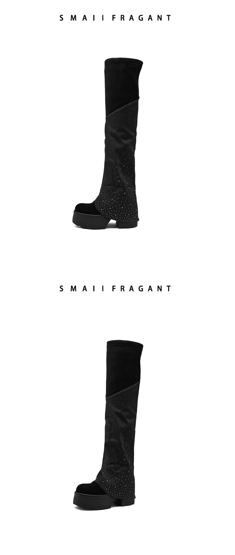 Boot nữ cổ cao ôm bắp chân gót dày mũi tròn đính đá denim đa năng — nhung đen chi tiết 5