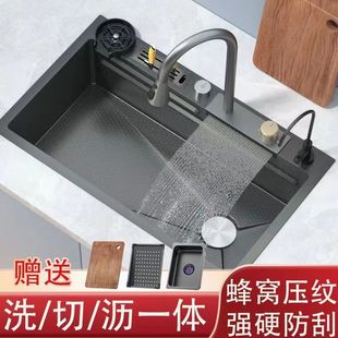 304 Stainless Steel Sink Waterfall Large Single Bowl with Knife Holder Kitchen Dishwashing Basin Vegetable Washing Basin 4mm Thickened Upgrade