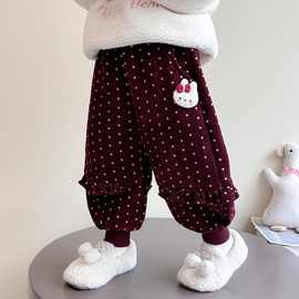 女小童冬季可爱波点小兔卡通设计感加绒加厚保暖休闲花边束脚卫裤