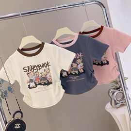 2024女童夏季新品韩系百搭童趣四只印花小熊褶皱安可拉红短袖T恤