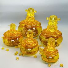 黄水晶聚宝盆财神爷开业乔迁家居客厅办公招财进宝聚财琉璃摆件