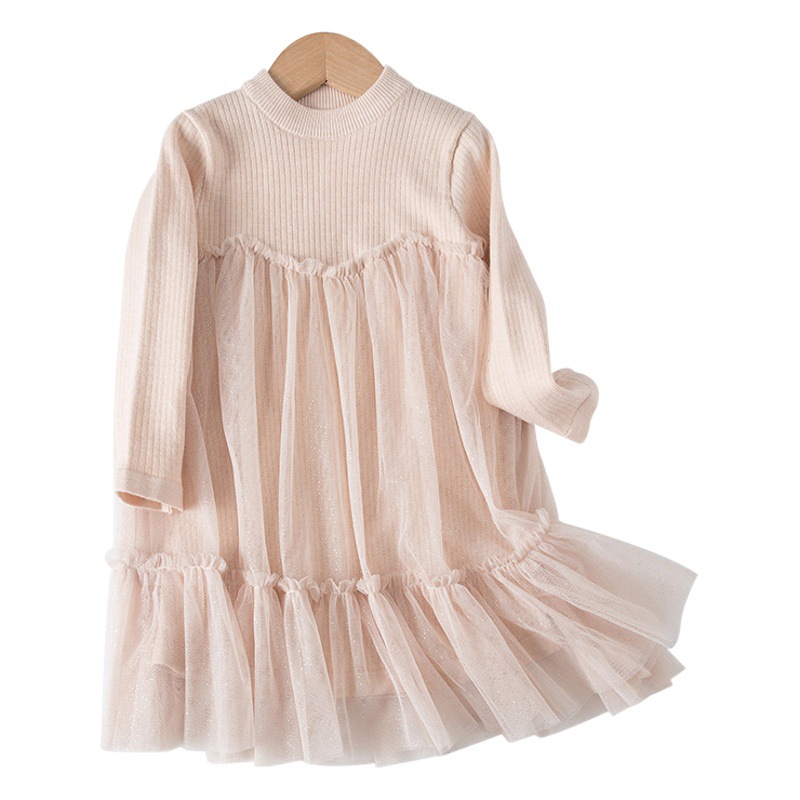 2024 primavera ropa para niños Comercio exterior niñas Vestido de manga larga rosa en stock princesa vestido estilo coreano color sólido falda de malla