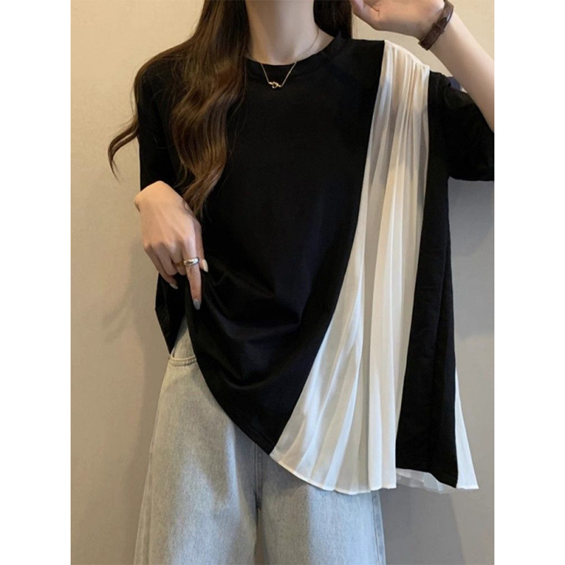 纯棉大码夏季小众遮肚子撞色短袖T恤女胖妹妹宽松显瘦不规则上衣|undefined
