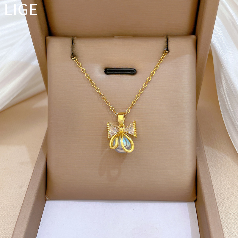 Edle Perlen Schleifen Halskette Diamant Titanium Stahl Kette_voghion.com