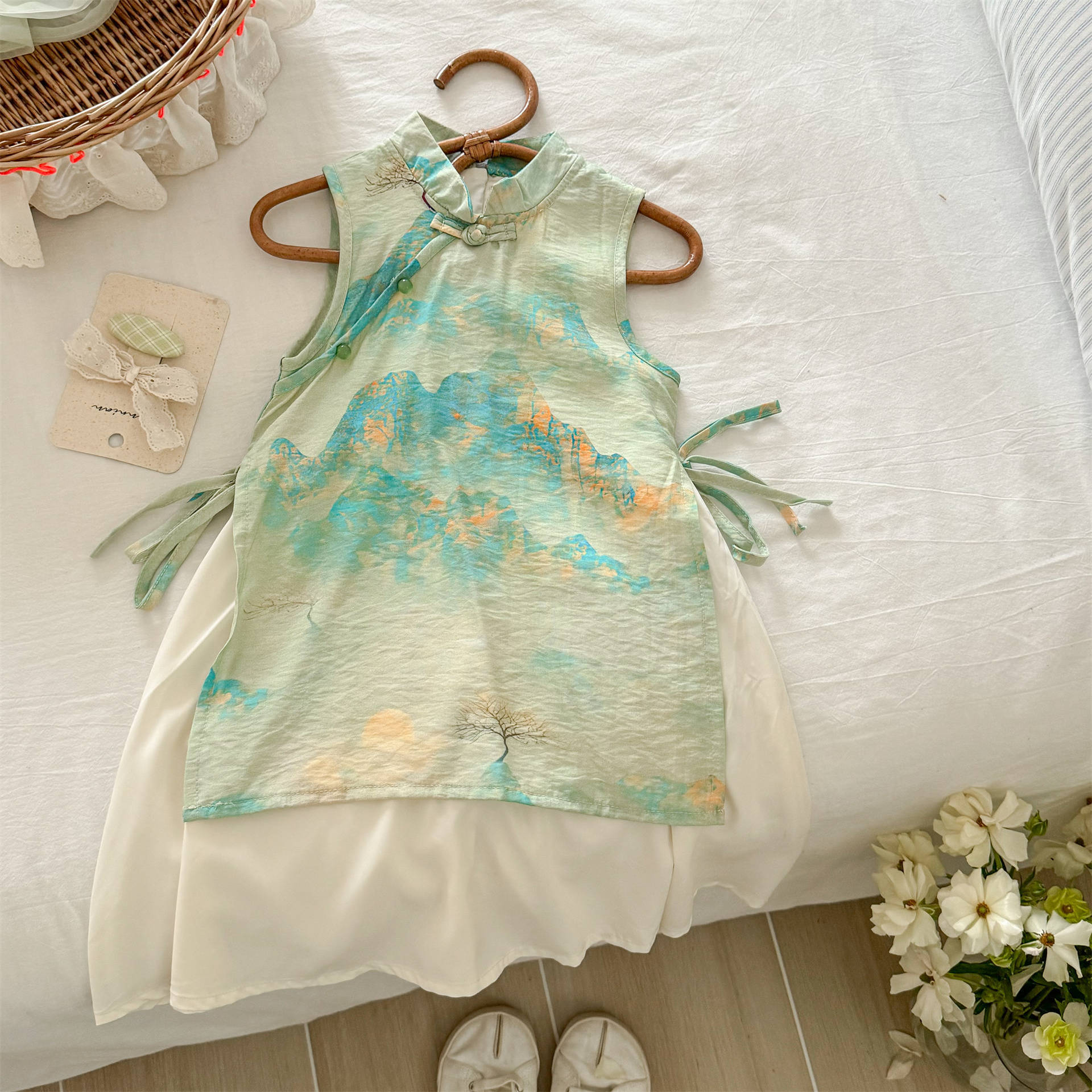 Vestido de verano de siete niñas con limón salado, nuevo vestido de princesa con botones sin mangas de dos piezas falso para niños, estilo occidental, estilo antiguo, Hanfu