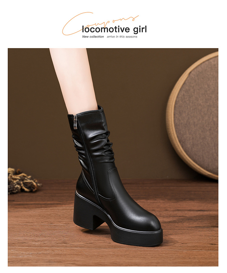 Boot Martin da thật cổ cao xếp ly đế dày gót ấm mùa đông — nhung đen, Lớp lót đơn màu trắng nhạt, Lớp lót đơn màu đen, Lớp lót nhung màu trắng nhạt chi tiết 20