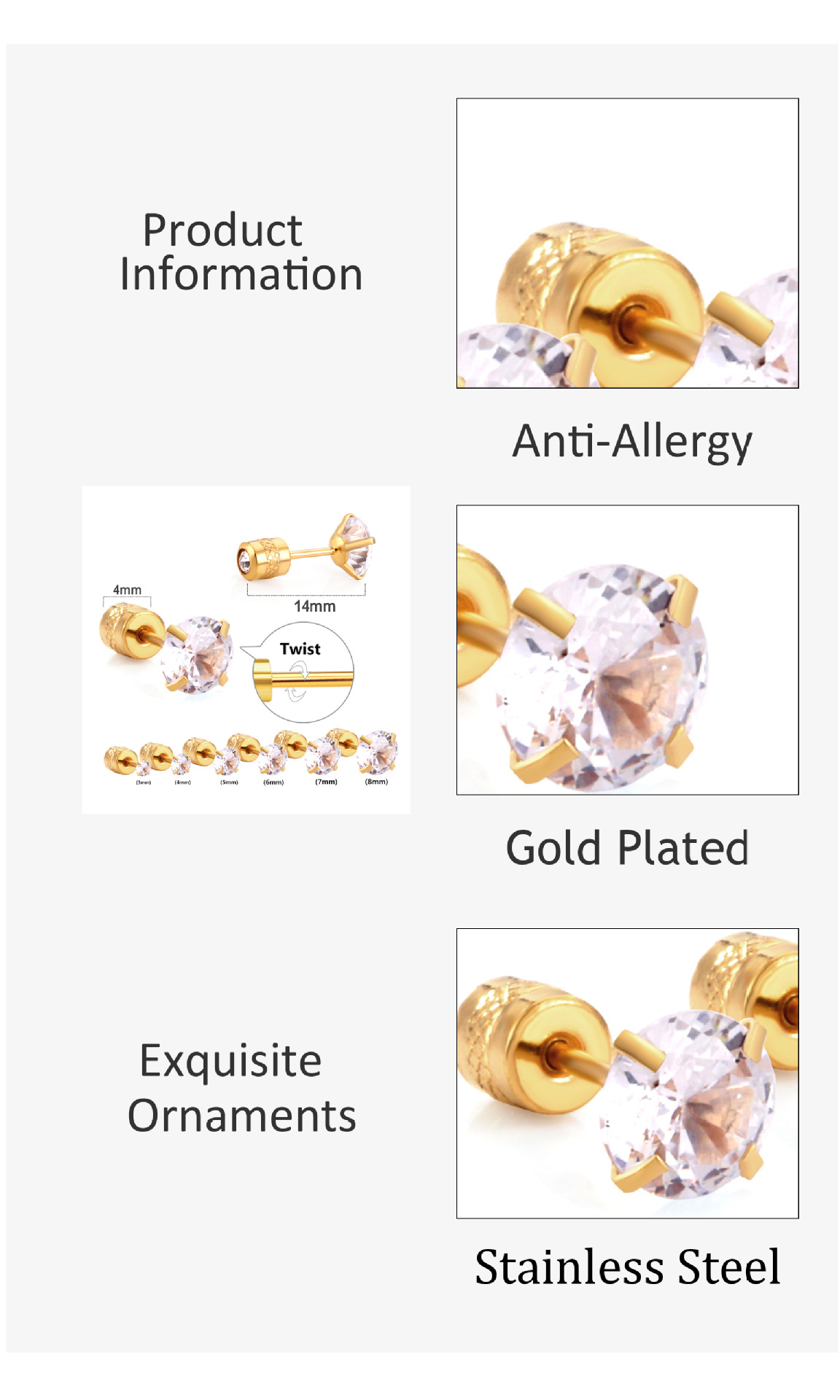 Fashion Geometric Stainless Steel Inlay Zircon Ear Studs 1 Pair