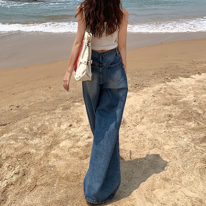 抽绳穿搭显瘦牛仔裤修身高腰女2025年复古蓝宽松阔腿裤垂感拖地裤|undefined