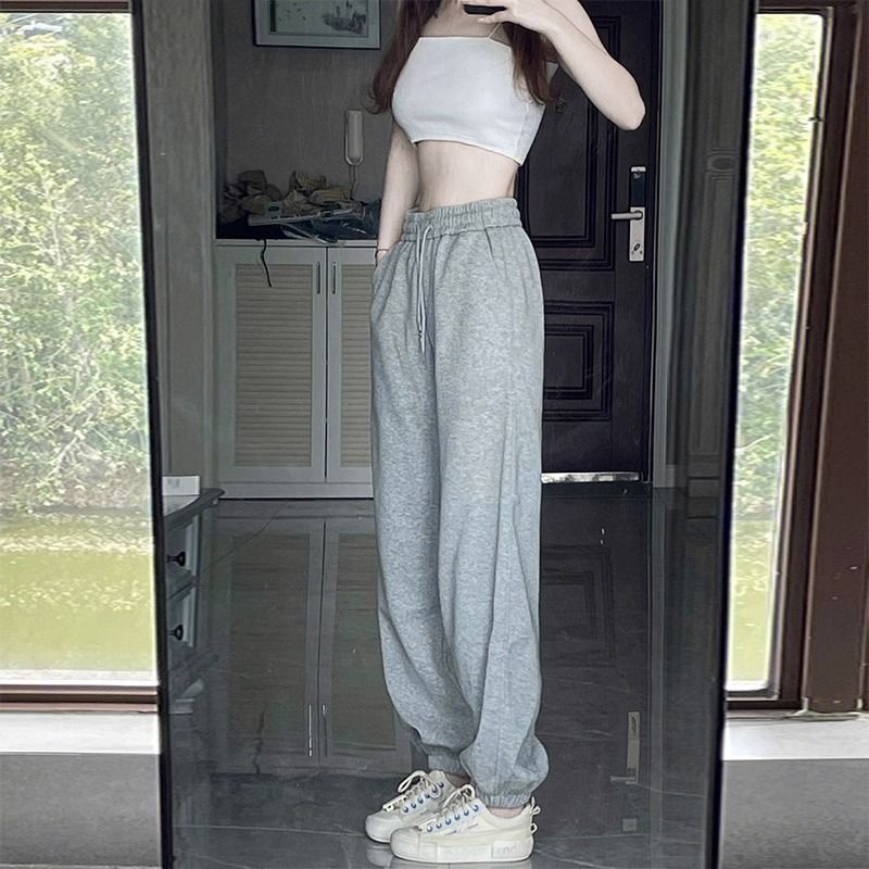 灰色运动裤女夏季学生韩版宽松哈伦裤束脚高腰休闲直筒灯笼裤阔腿