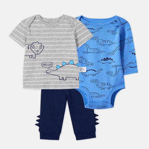 Summer and autumn newborn baby boy long-sleeved romper set, pure cotton short-sleeved T-shirt and three-piece pants set with backless shorts