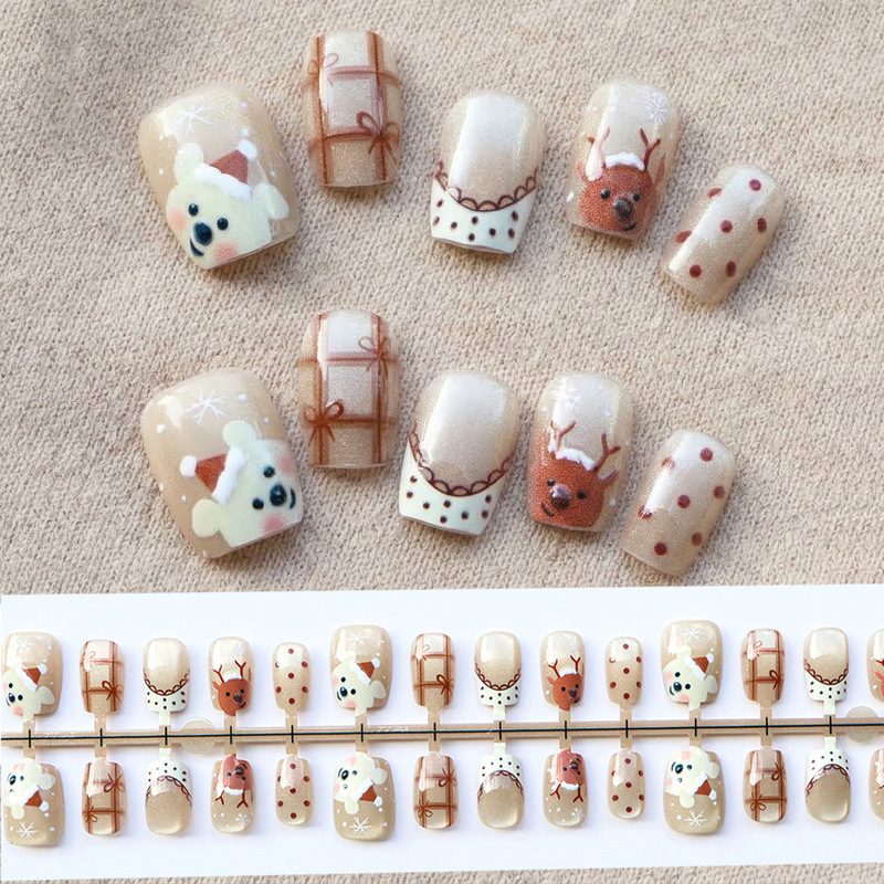 Cross-border best-selling simple short cartoon Christmas cute bear bow polka dot nail art French nail stickers Cross-border best-selling simple short cartoon Christmas cute bear bow polka dot nail art French nail stickers