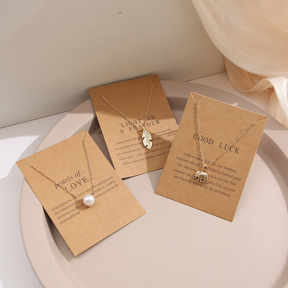 creative pearl feather retro letter paper card butterfly elephant cat necklace wholesale