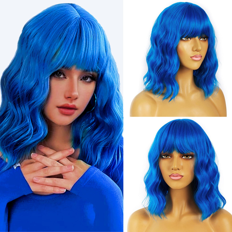 Amazon Cross-Border Wigs European and American Festival Cosplay Water Wave Short Curly Hair Women's Wigs Full Head Fluorescent