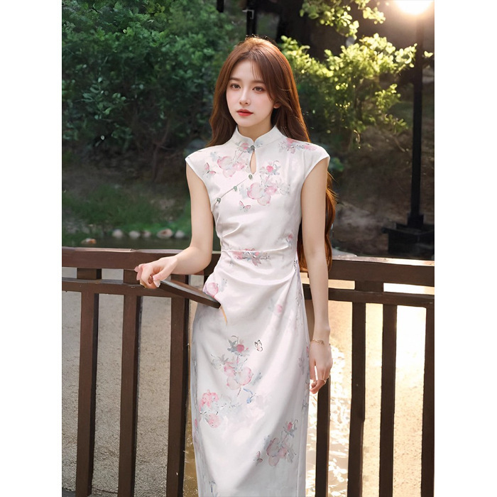 新中式国风长裙女2025夏季收腰显瘦复古风提花立领开叉旗袍连衣裙|undefined
