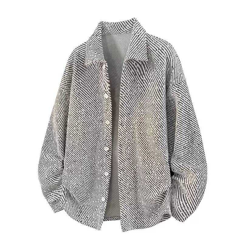 鱼骨纹肌理感长袖衬衫男士春秋季加绒翻领针织休闲小香风开衫夹克