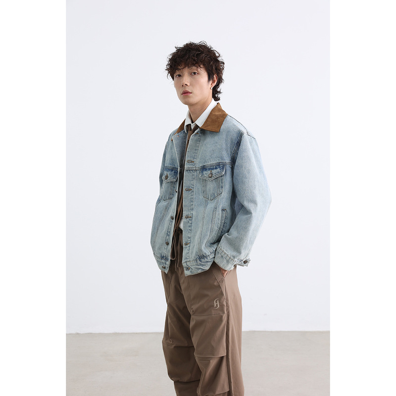 ANSWER ME クラシックデザイナー トレンド ブランド デニムジャケット メンズ レトロ ウォッシュド アイスブルー デニムジャケット W477|undefined