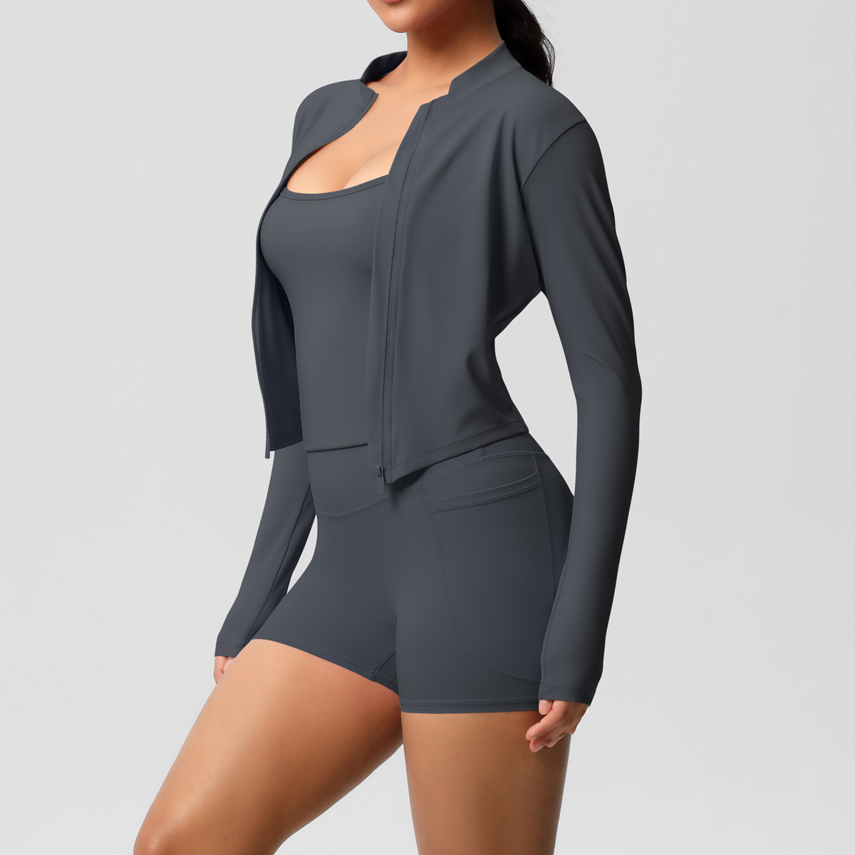 Nuevo chaleco desnudo transfronterizo, ocio al aire libre, ropa de fitness ajustada, pantalones cortos de bolsillo, ropa de yoga, traje deportivo de tres piezas