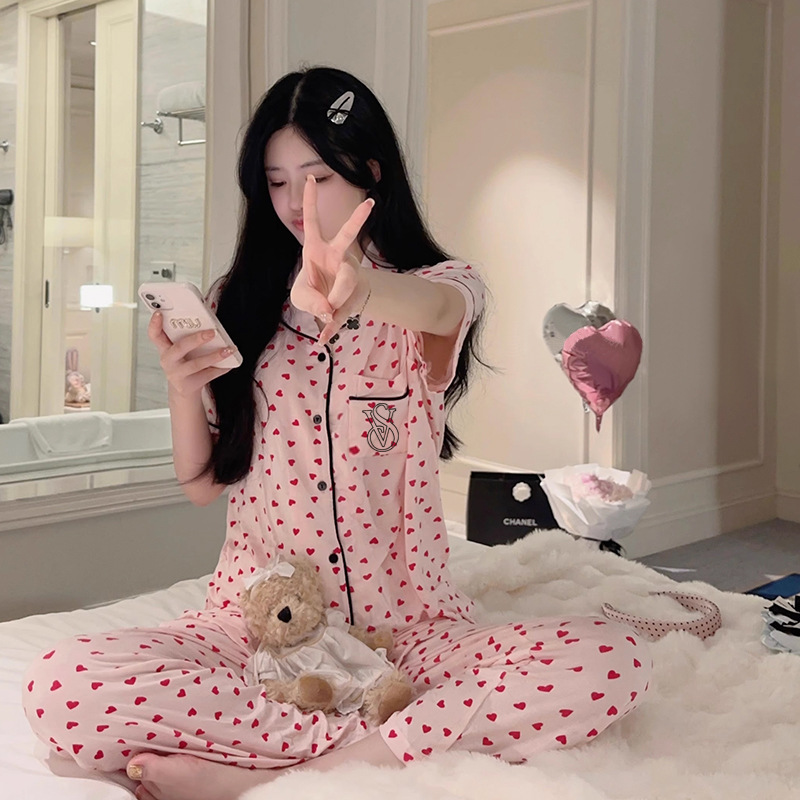 Spring and Autumn New Style Pajamas for Women, Sweet and Cute Style, Pink Polka Dot Cardigan, Cotton Short-Sleeved Trousers, Home Wear Set for Women