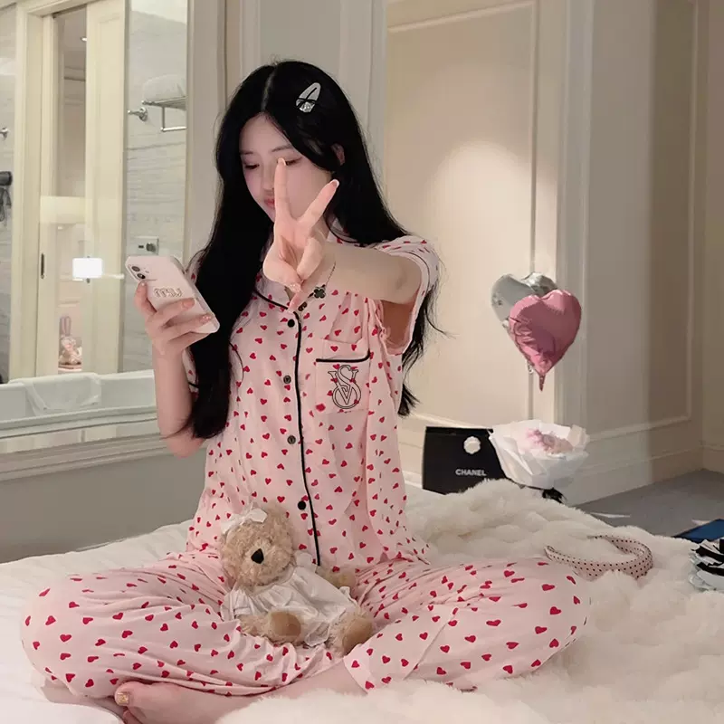 外贸新款睡衣女甜美可爱风粉波点开衫棉质短袖长裤家居服套装女士