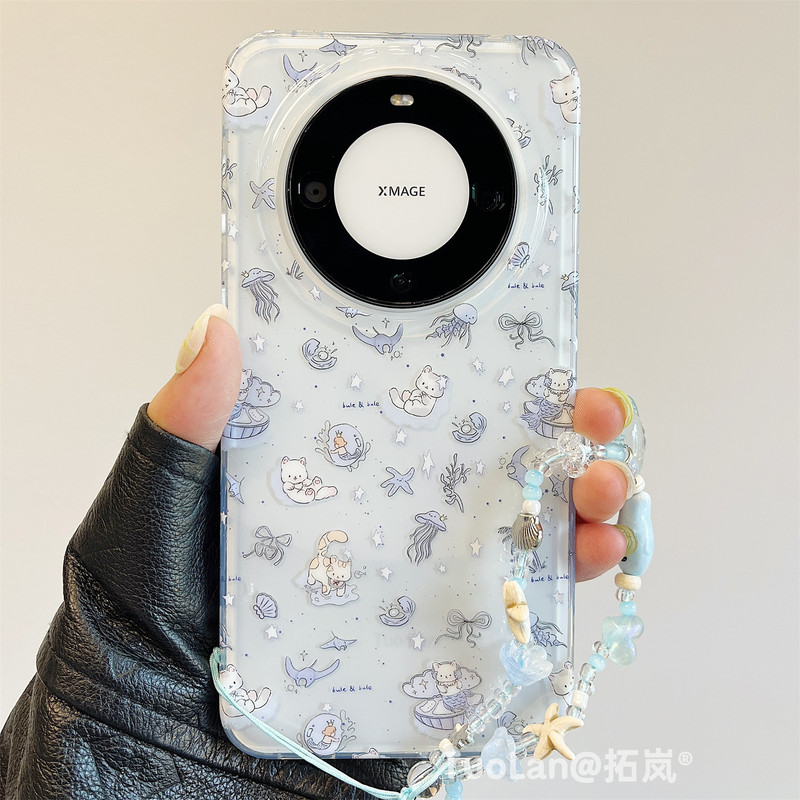 适用华为mate60pro+新款手机壳双层泼墨晕染蓝海洋世界卡通猫咪mate70pro挂绳pura70pro硅胶防摔网红女|undefined