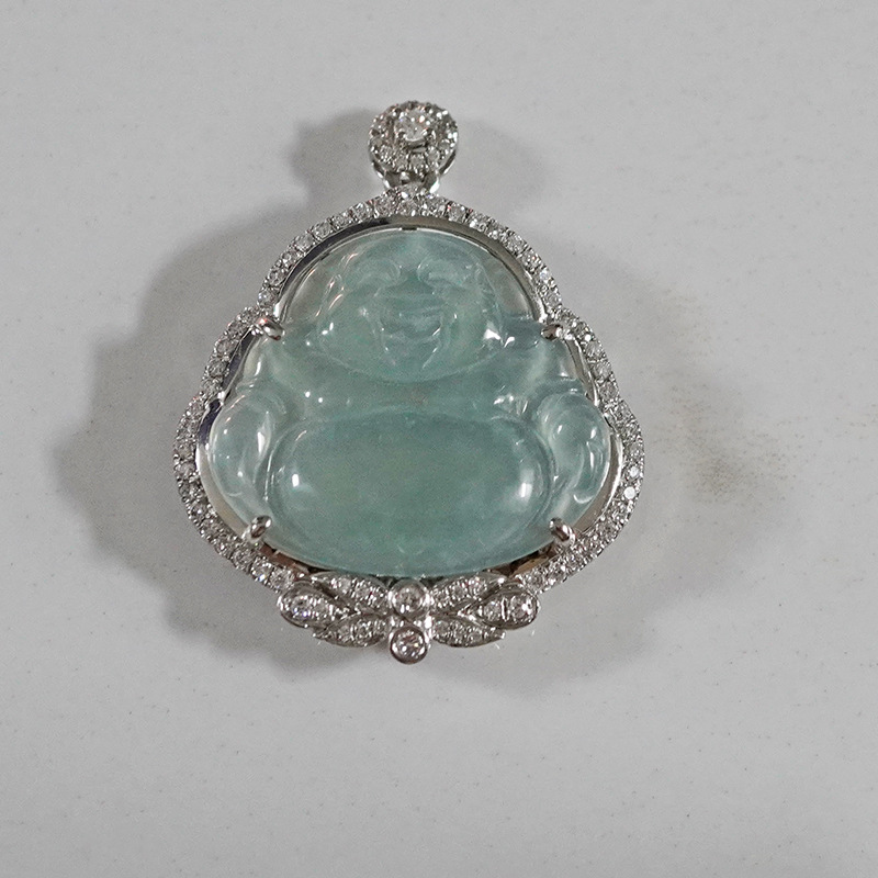 铂金PT950培育钻石翡翠笑脸佛镶嵌满钻吊坠|ms