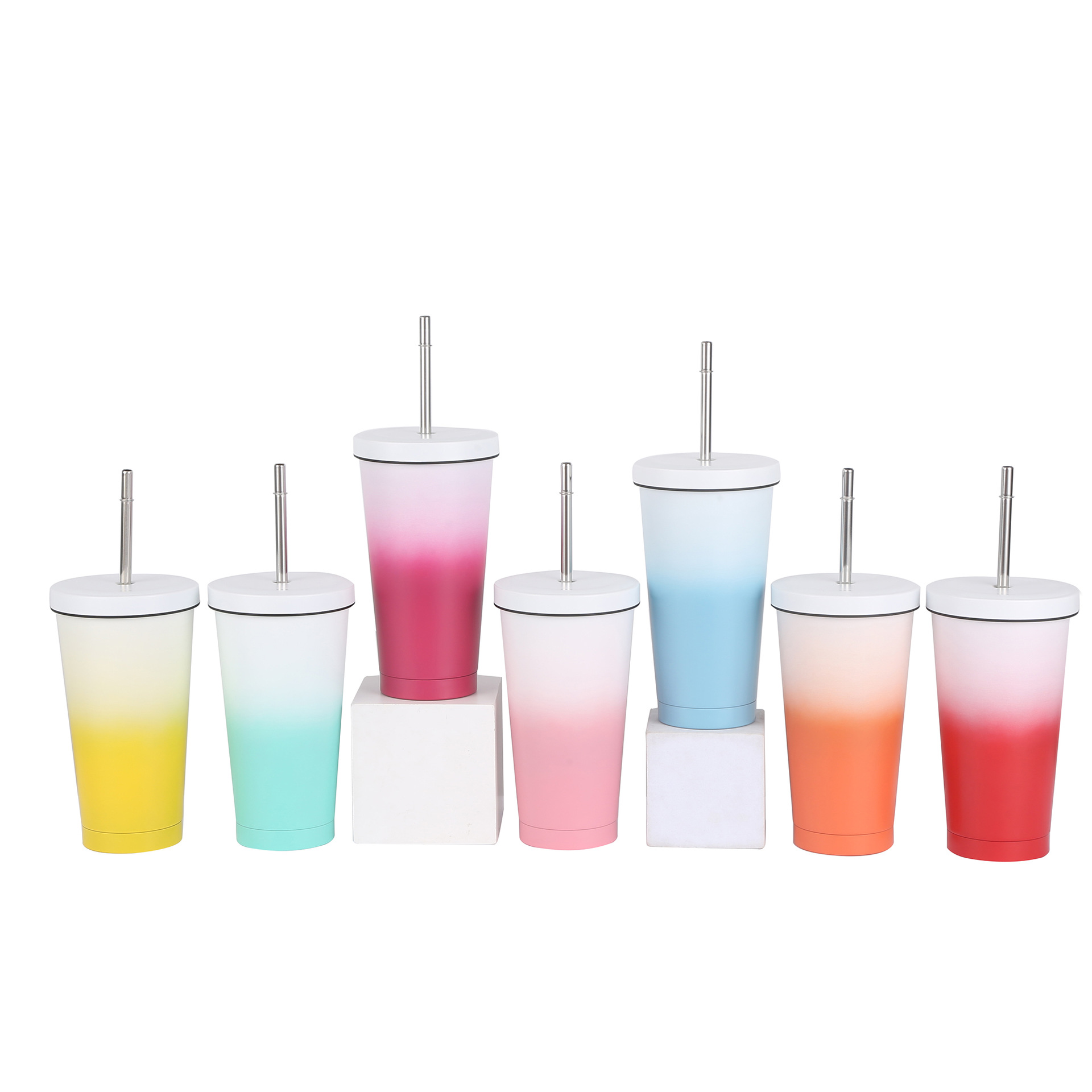 Taza de paja de acero inoxidable de color gradiente de gran capacidad taza de café taza de vacío de doble capa taza de aislamiento de calor taza de té de leche casual