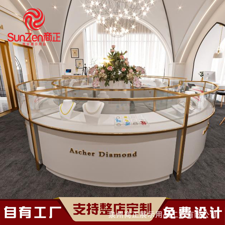 Jewelry Counter Display Cabinet Gold Jewelry Arc Glass Cabinet Stainless Steel Display Cabinet Luxury Paint Display Stand