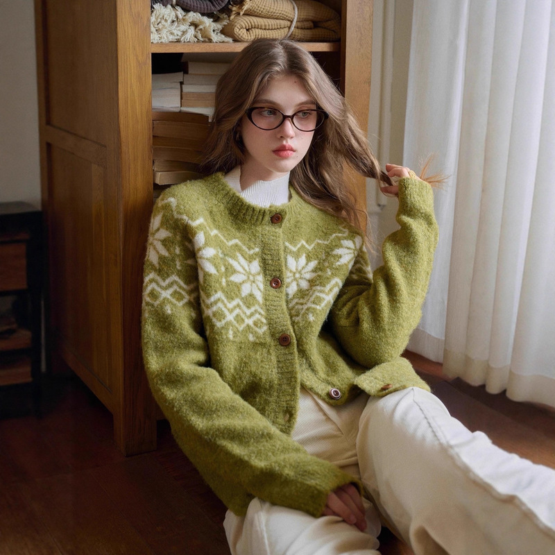 Norwegian Forest Wool Loop Yarn Fair Isle Knitted Sweater for Women, Autumn Lazy Style Sweater, Autumn and Winter Coat