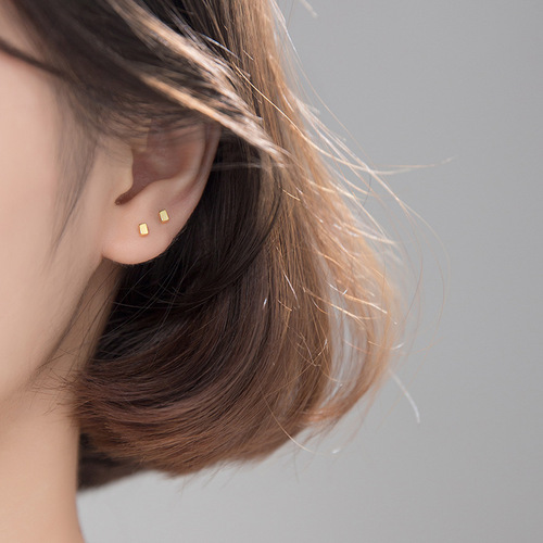 925 Silver Needle Earrings for Women - Korean Style, Fashionable and Simple, Polished Square Stud Earrings - Elegant and Small, Rectangle-shaped Earrings