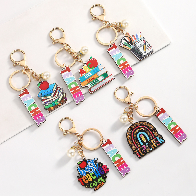 Cross-Border Hot-Selling Back-To-School Season Teacher's Day Best Teacher Letter Pearl Wooden Keychain Wholesale in Stock Cross-Border Hot-Selling Back-To-School Season Teacher's Day Best Teacher Letter Pearl Wooden Keychain Wholesale in Stock