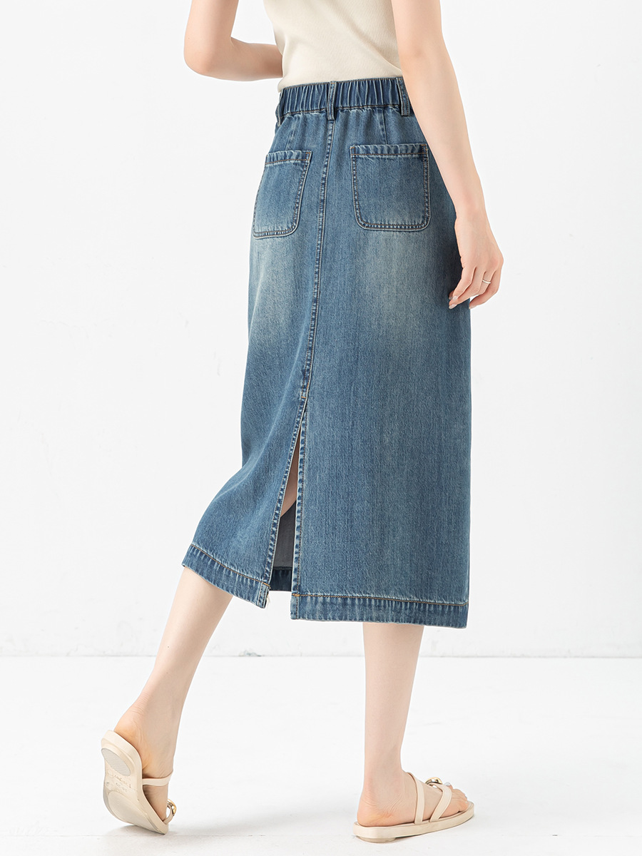 Váy denim Tencel nữ cạp cao chữ A dài vừa phải — đen