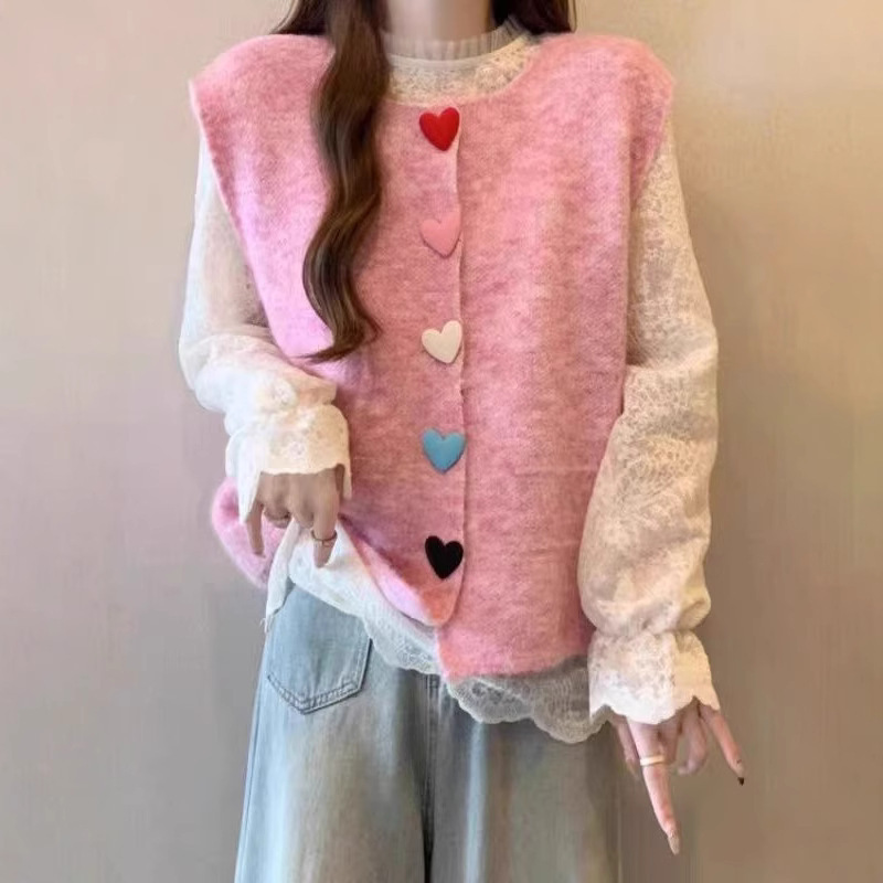 Korean Style 2025 Spring New Love Color Buckle Sweater Fashionable Elegant Sweet Age-reducing Sleeveless Vest Shoulder Vest Women's Trendy