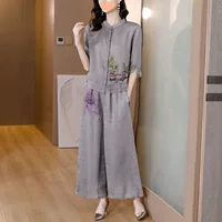 Женский костюм из хлопка и льна Tencel, новый летний стиль, элегантный этнический стиль, молодежный и модный комплект из двух предметов с широкими брюками.