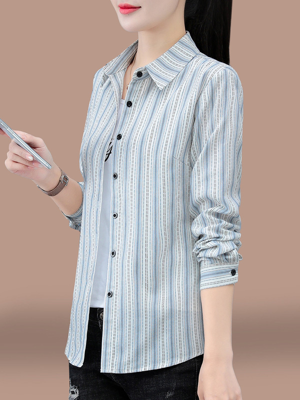格子长袖衬衫女款春秋2025新款中年女装洋气减龄条纹衬衣纯棉上衣|undefined
