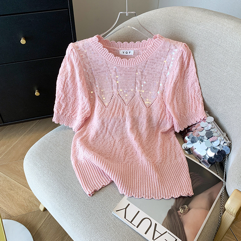 Real Shot of In-Stock Items: New Summer Tops for Women with Unique Design, Sequined Tops, Stylish Short-Sleeve Knit Shirts